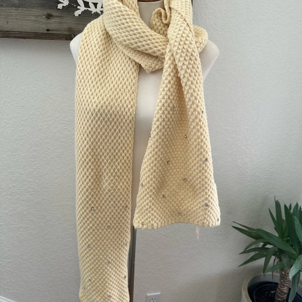 Anthropologie Maeve‎ Cream Knit Scarf with Rhinestone Accents NWT